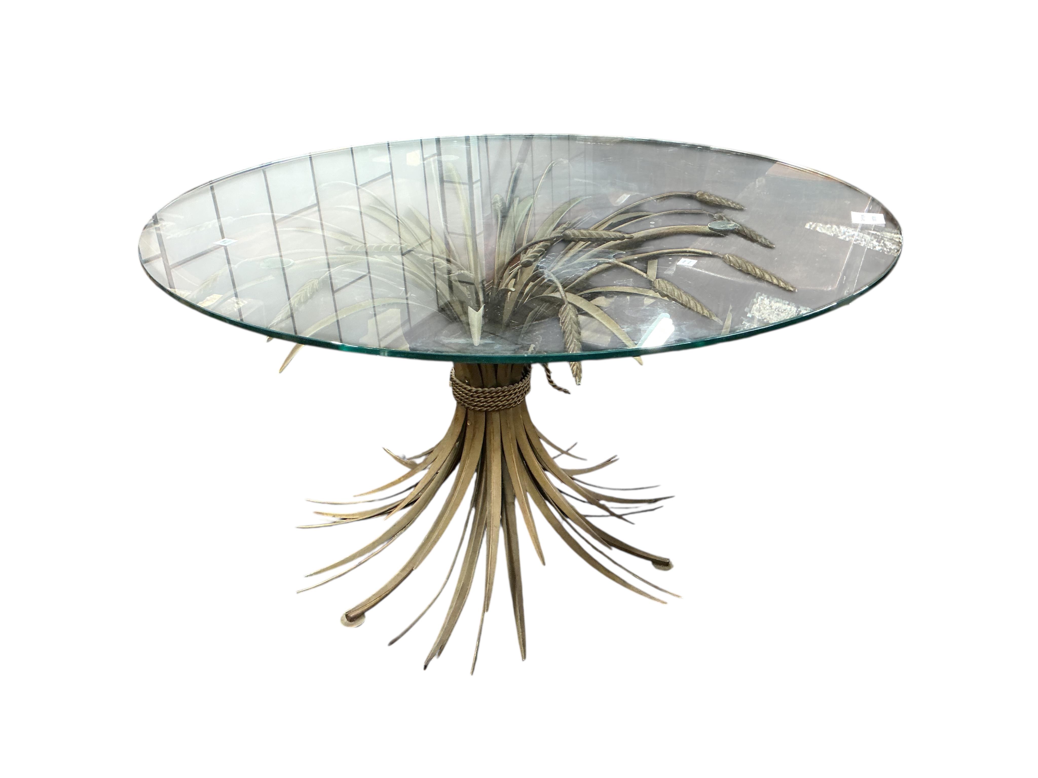 A Contemporary circular glass and gilt metal wheat sheaf coffee table, diameter 80cm, height 46cm